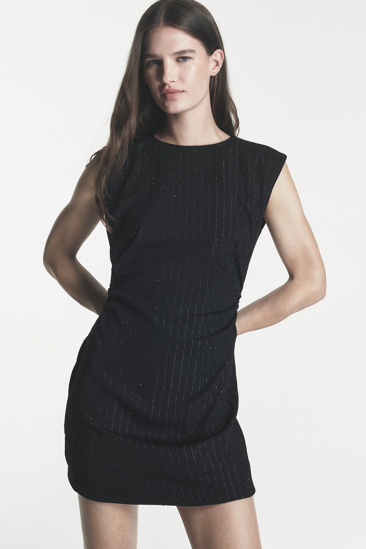SIDE RUCHED PINSTRIPE DRESS