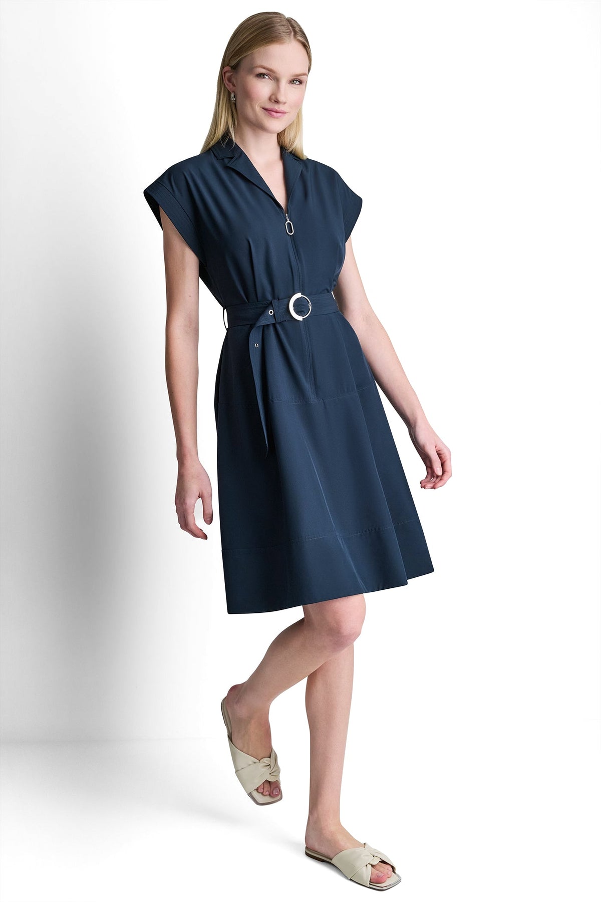 CAP SLEEVE ZIP-FRONT SHIRT DRESS