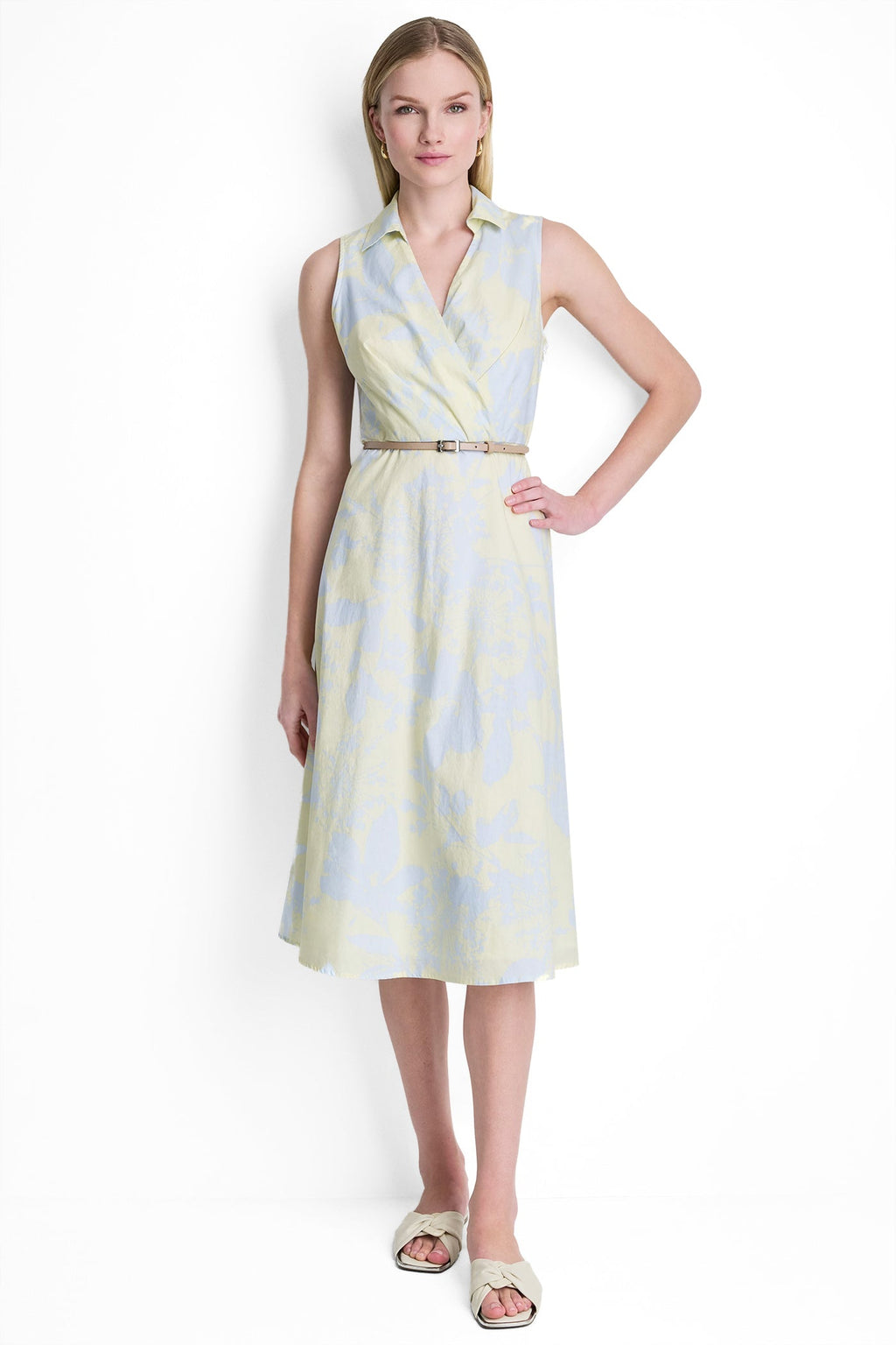 SLEEVELESS WRAP-EFFECT MIDI SHIRT DRESS