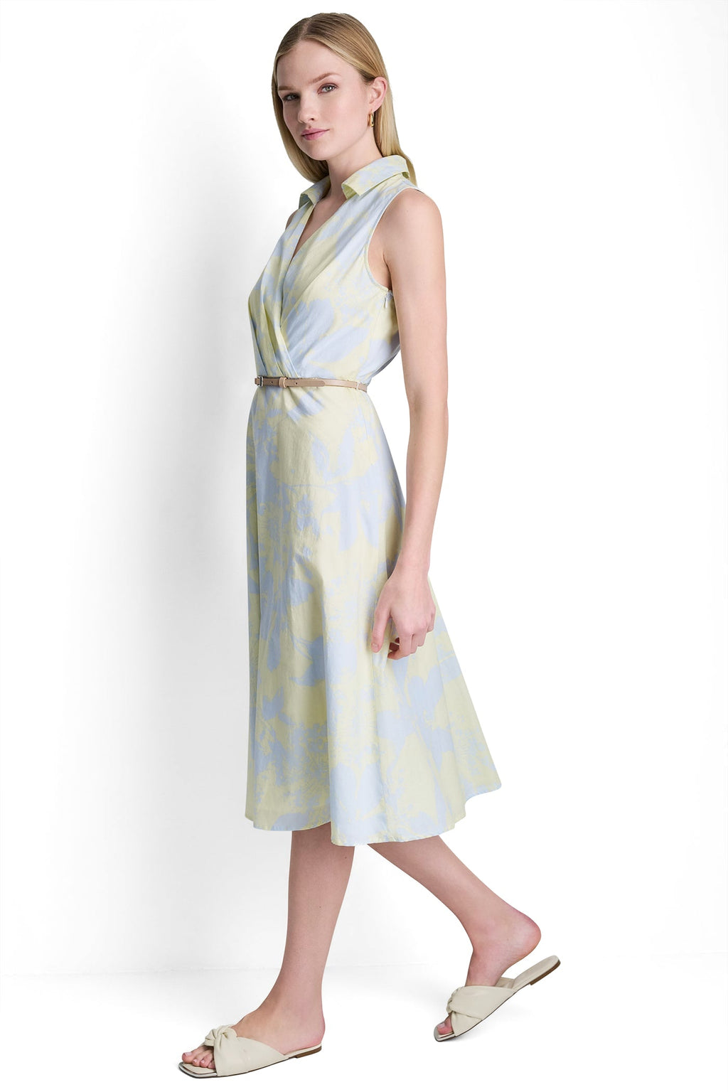 SLEEVELESS WRAP-EFFECT MIDI SHIRT DRESS