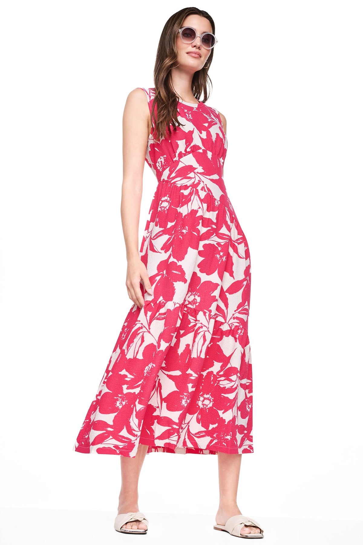 JEWEL NECK PRINTED MIDI DRESS