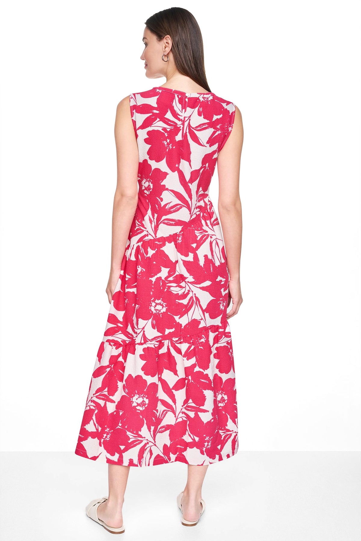 JEWEL NECK PRINTED MIDI DRESS