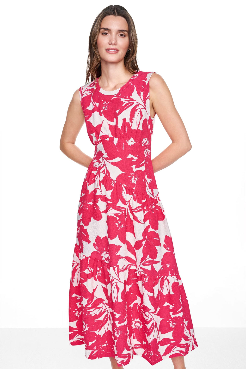 JEWEL NECK PRINTED MIDI DRESS