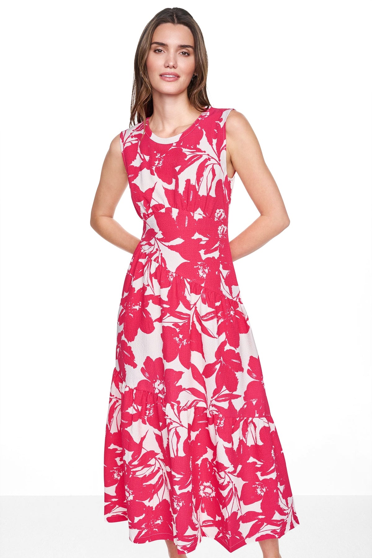 JEWEL NECK PRINTED MIDI DRESS