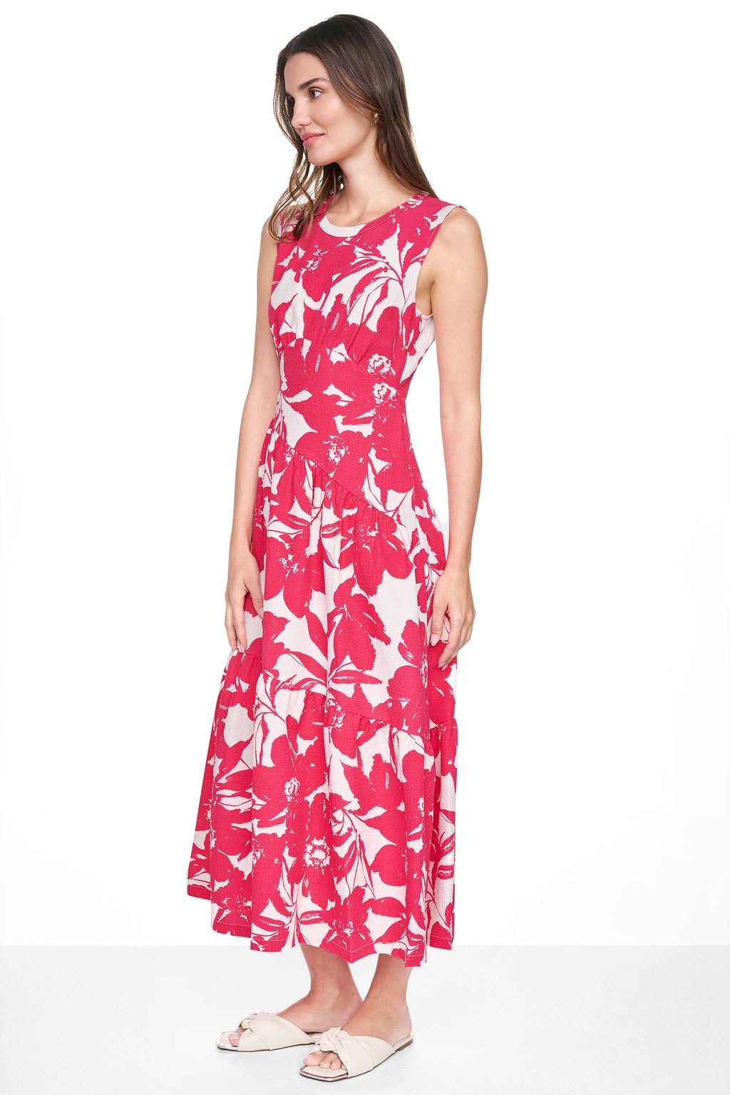 JEWEL NECK PRINTED MIDI DRESS