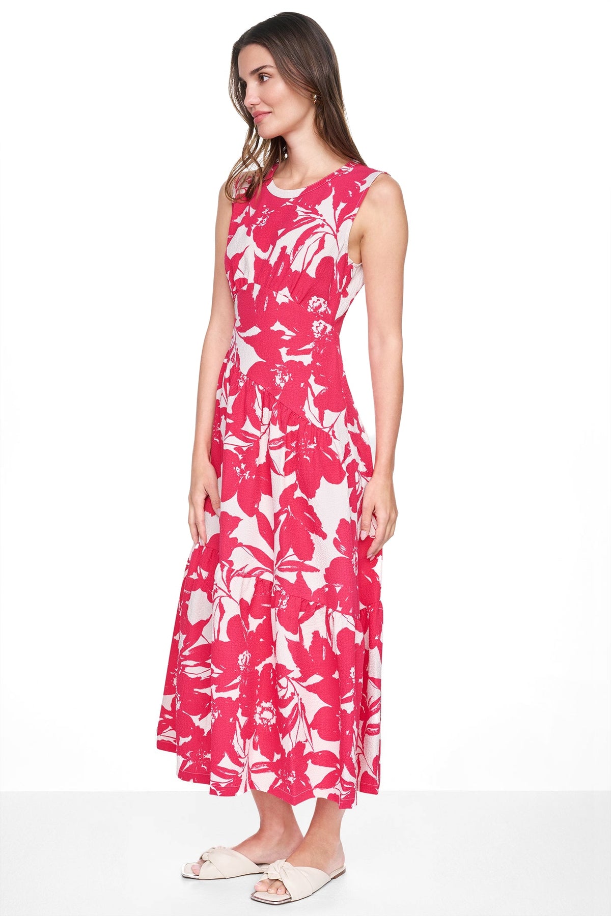 JEWEL NECK PRINTED MIDI DRESS