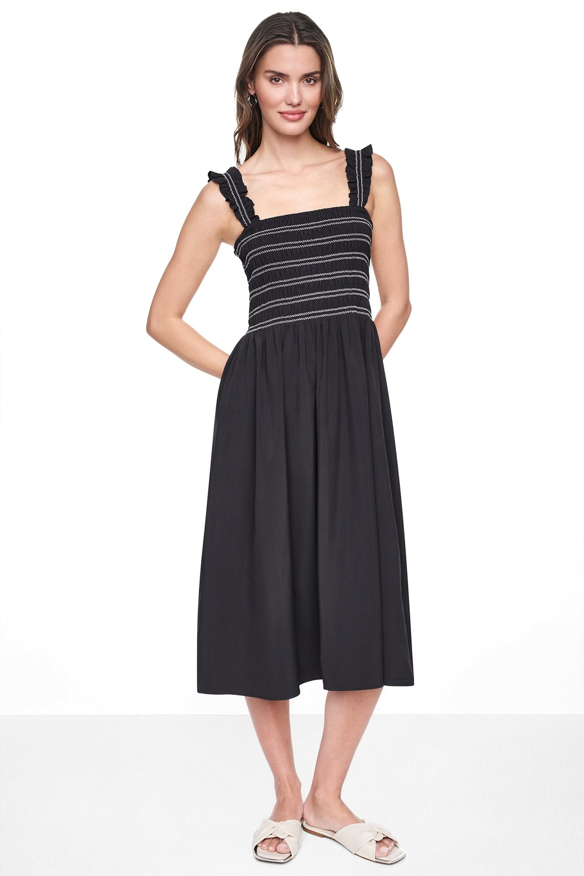 SLEEVELESS SMOCKED MIDI A-LINE DRESS