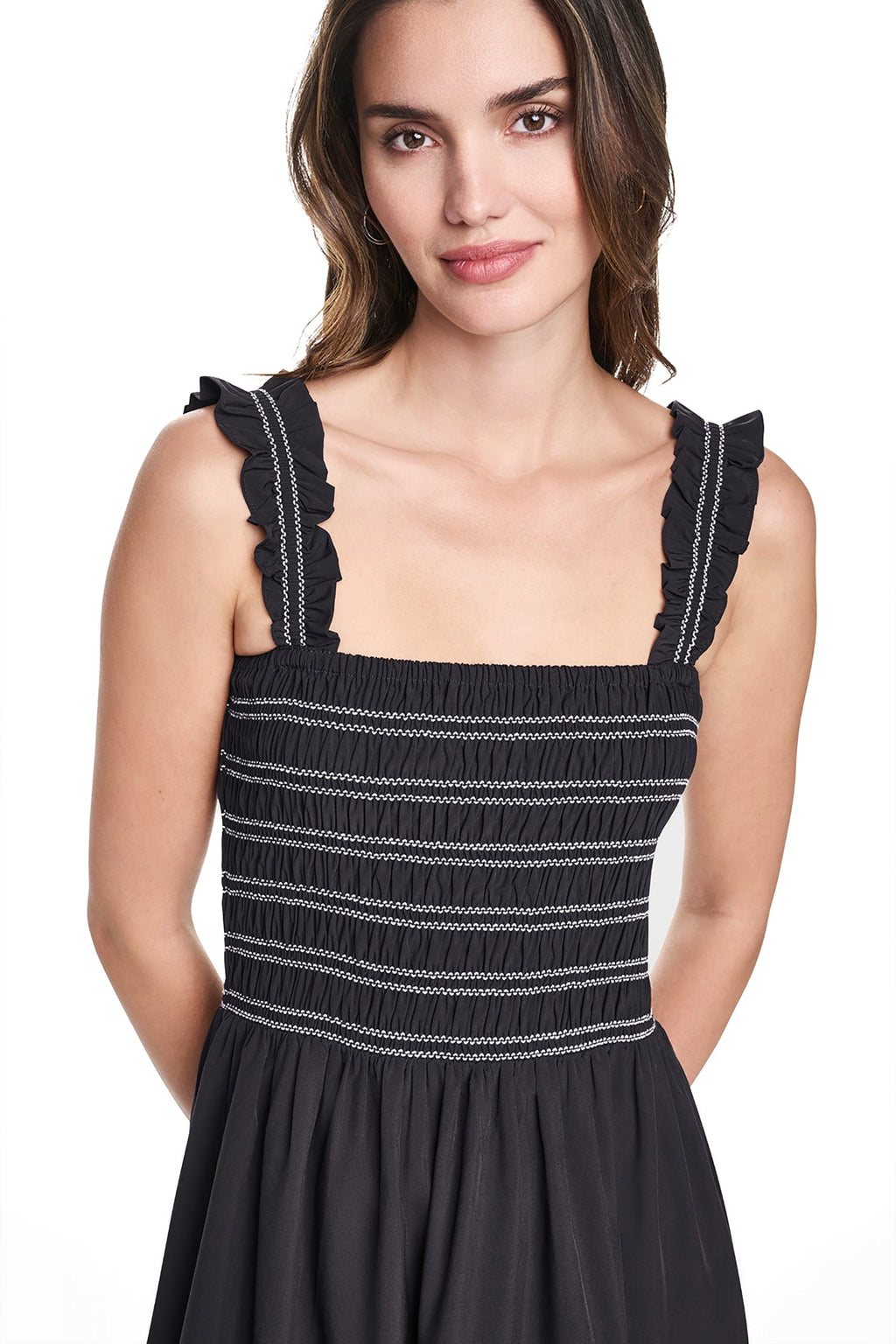 SLEEVELESS SMOCKED MIDI A-LINE DRESS