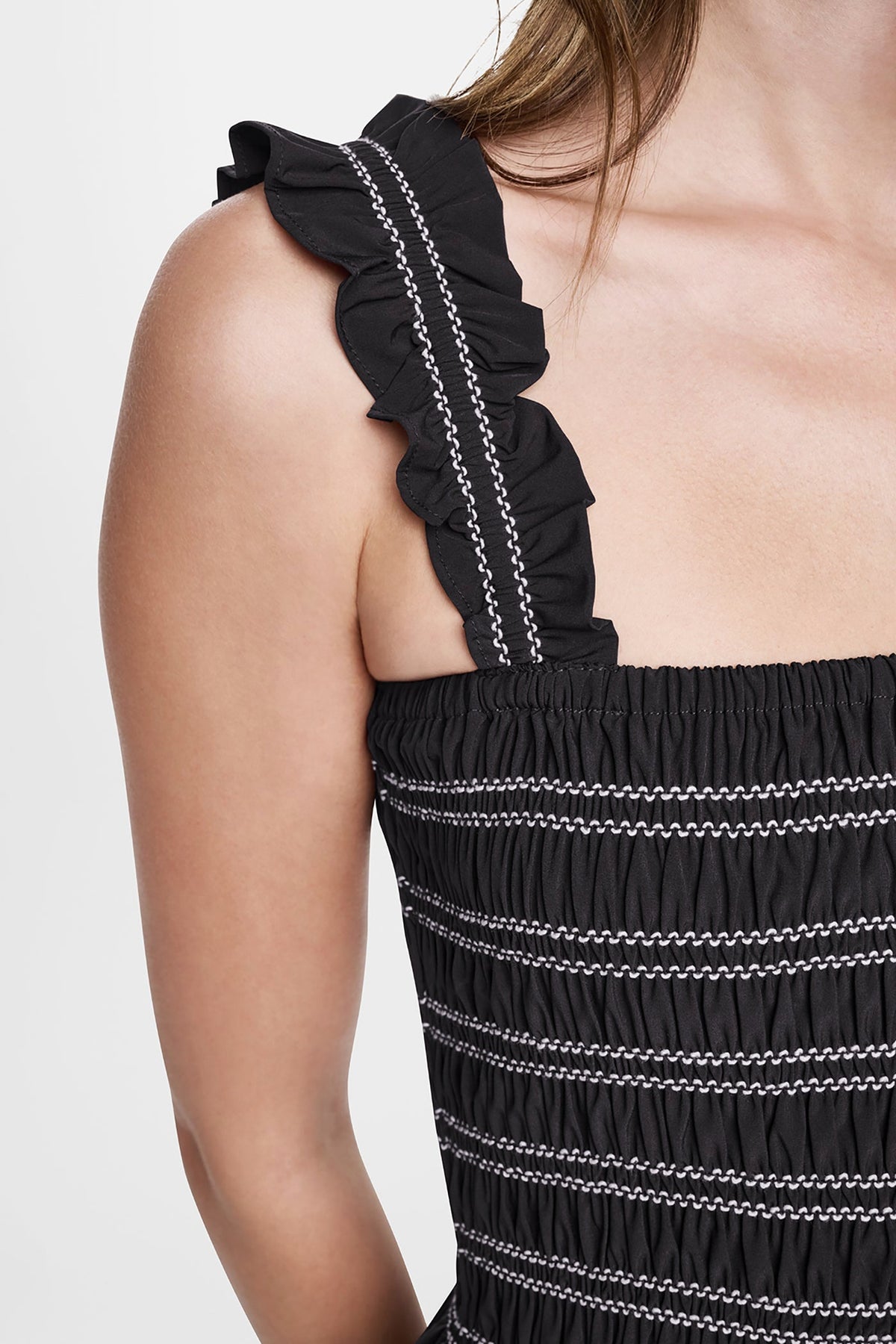 SLEEVELESS SMOCKED MIDI A-LINE DRESS