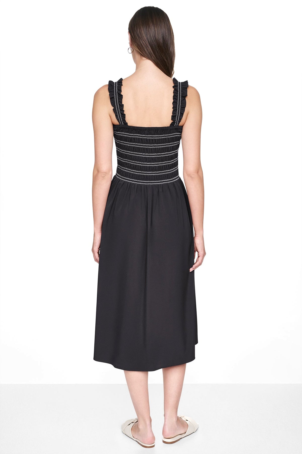SLEEVELESS SMOCKED MIDI A-LINE DRESS