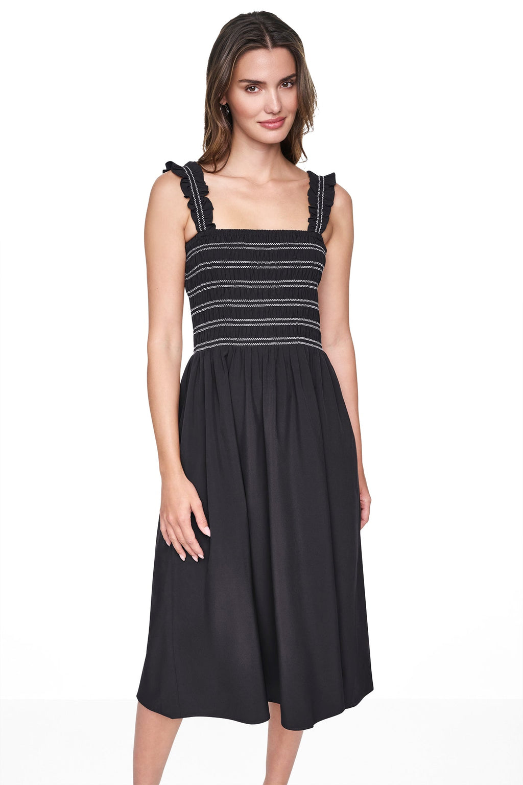 SLEEVELESS SMOCKED MIDI A-LINE DRESS