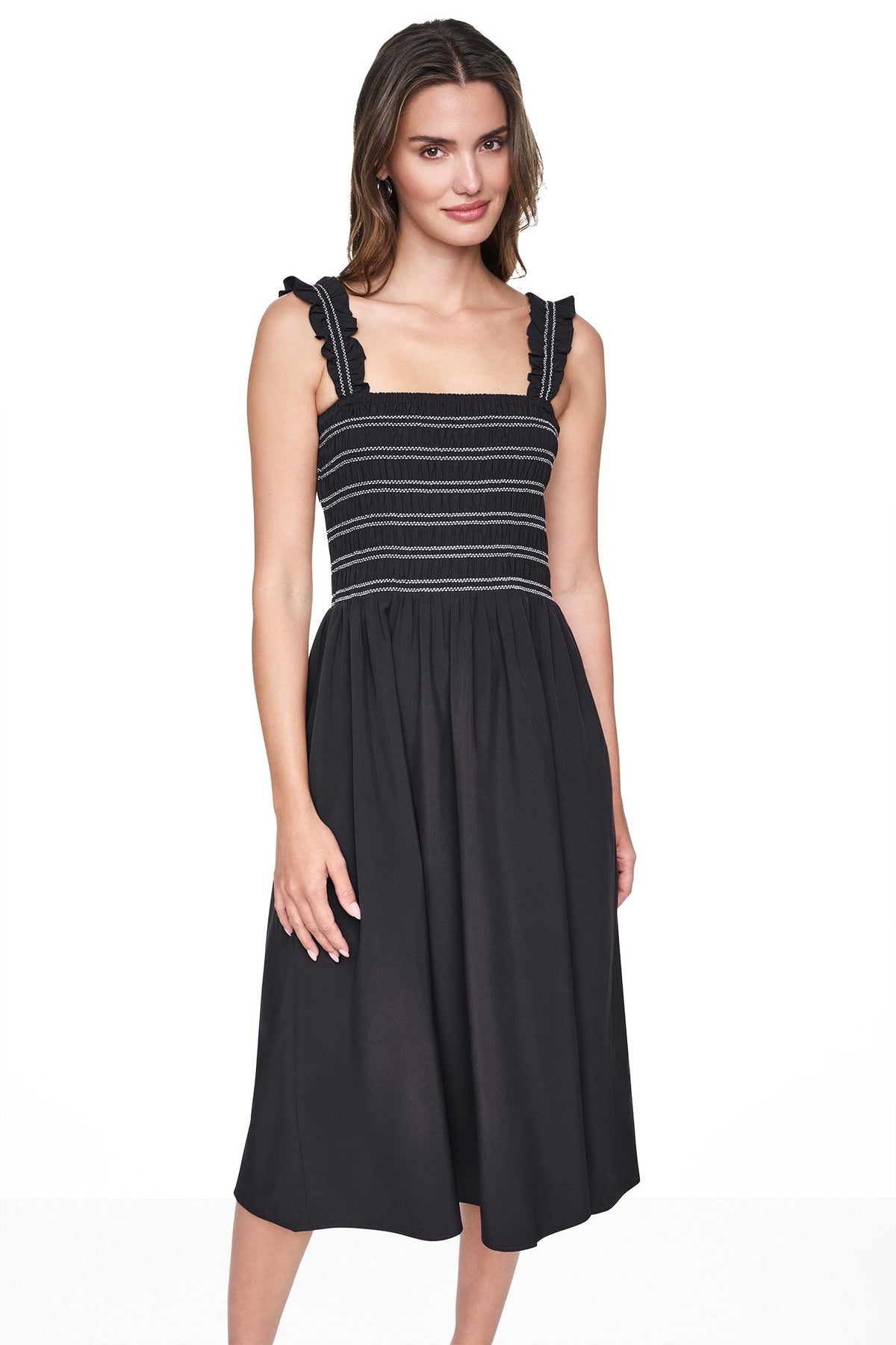 SLEEVELESS SMOCKED MIDI A-LINE DRESS