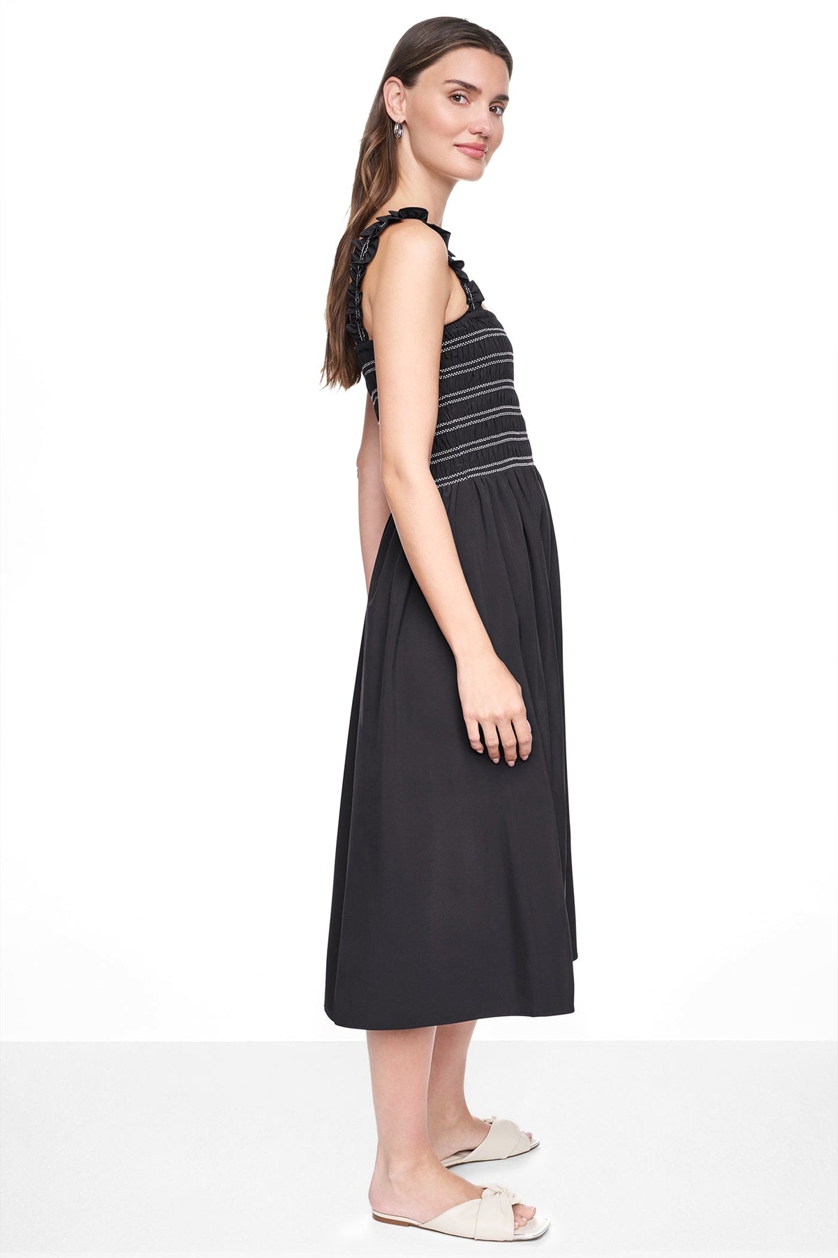 SLEEVELESS SMOCKED MIDI A-LINE DRESS