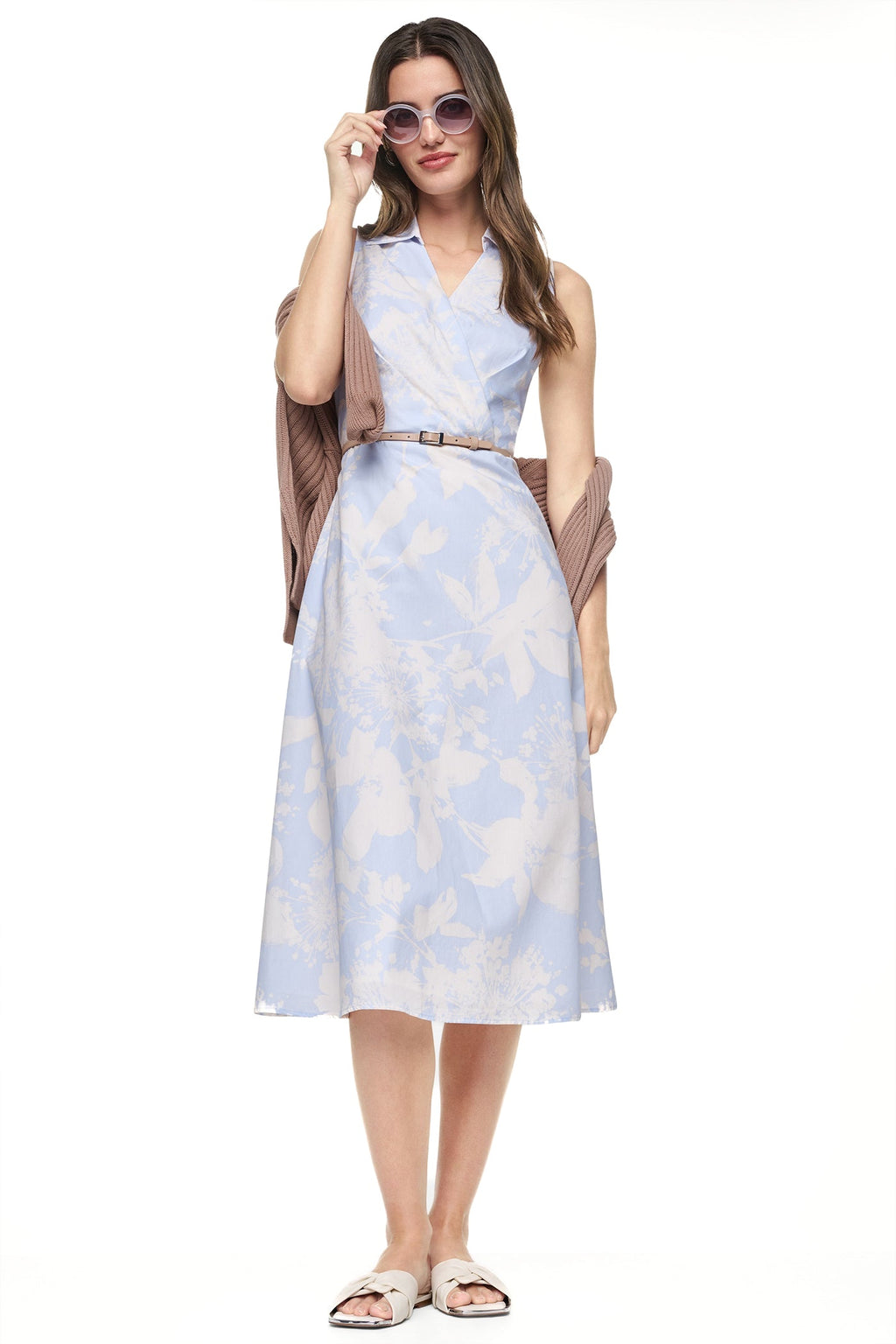 SLEEVELESS WRAP-EFFECT MIDI SHIRT DRESS