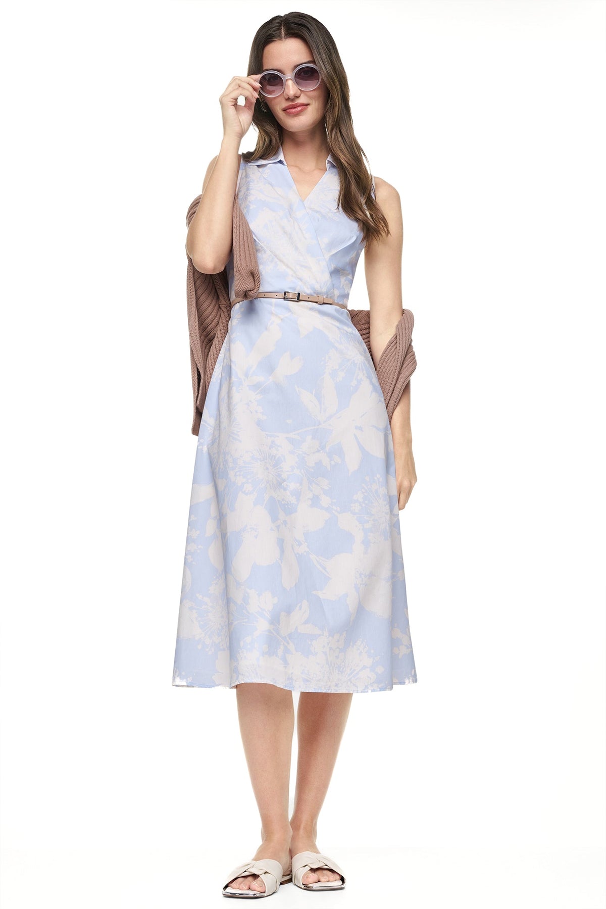 SLEEVELESS WRAP-EFFECT MIDI SHIRT DRESS