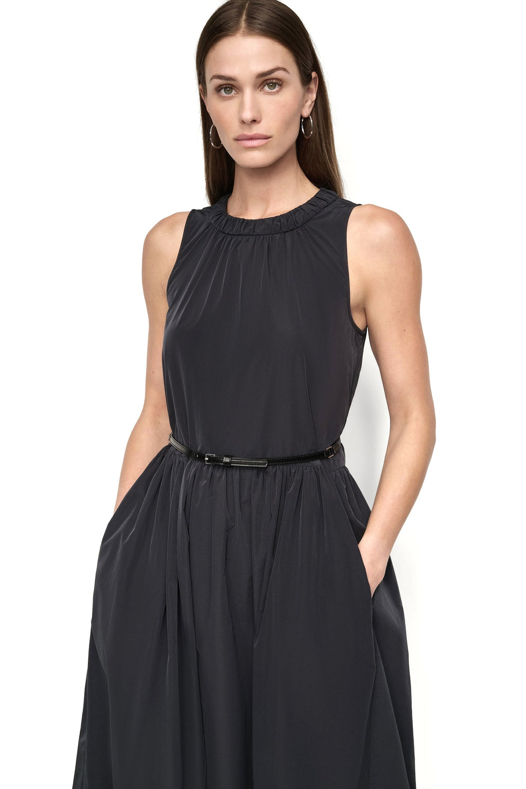 SLEEVELESS GATHERED MIDI A-LINE DRESS