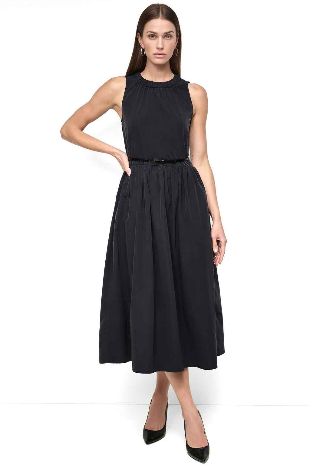 SLEEVELESS GATHERED MIDI A-LINE DRESS