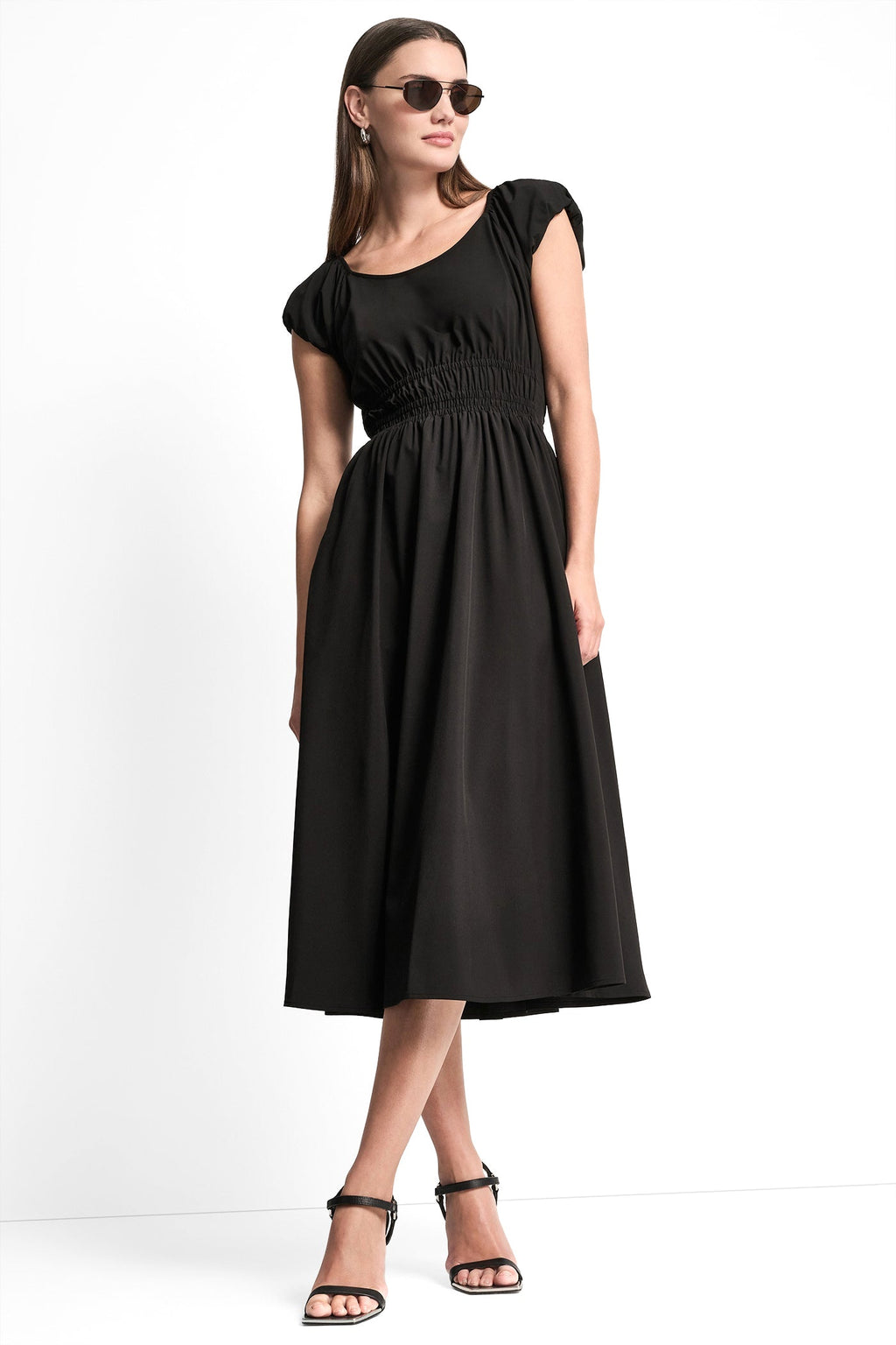 PUFF SLEEVE FIT & FLARE MIDI DRESS