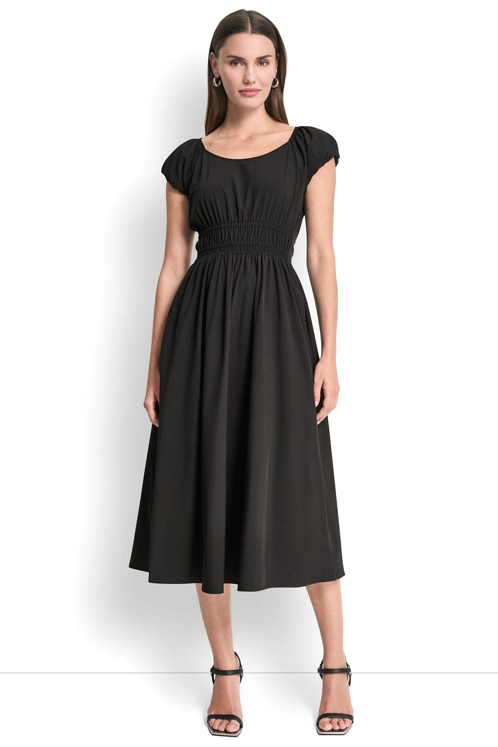 PUFF SLEEVE FIT & FLARE MIDI DRESS
