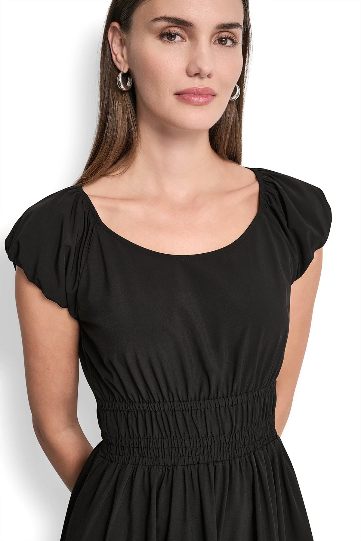 PUFF SLEEVE FIT & FLARE MIDI DRESS