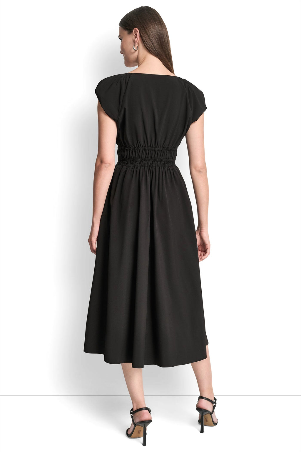 PUFF SLEEVE FIT & FLARE MIDI DRESS