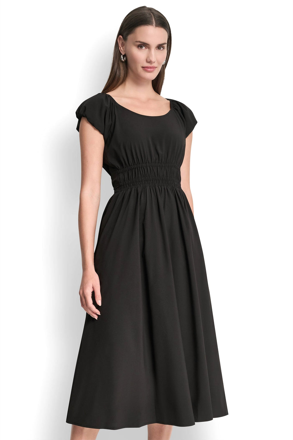 PUFF SLEEVE FIT & FLARE MIDI DRESS