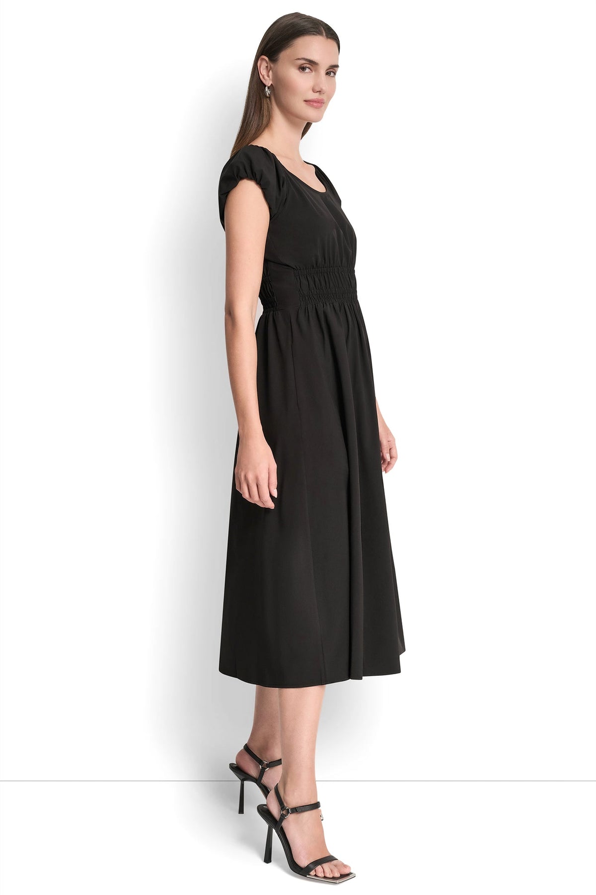 PUFF SLEEVE FIT & FLARE MIDI DRESS
