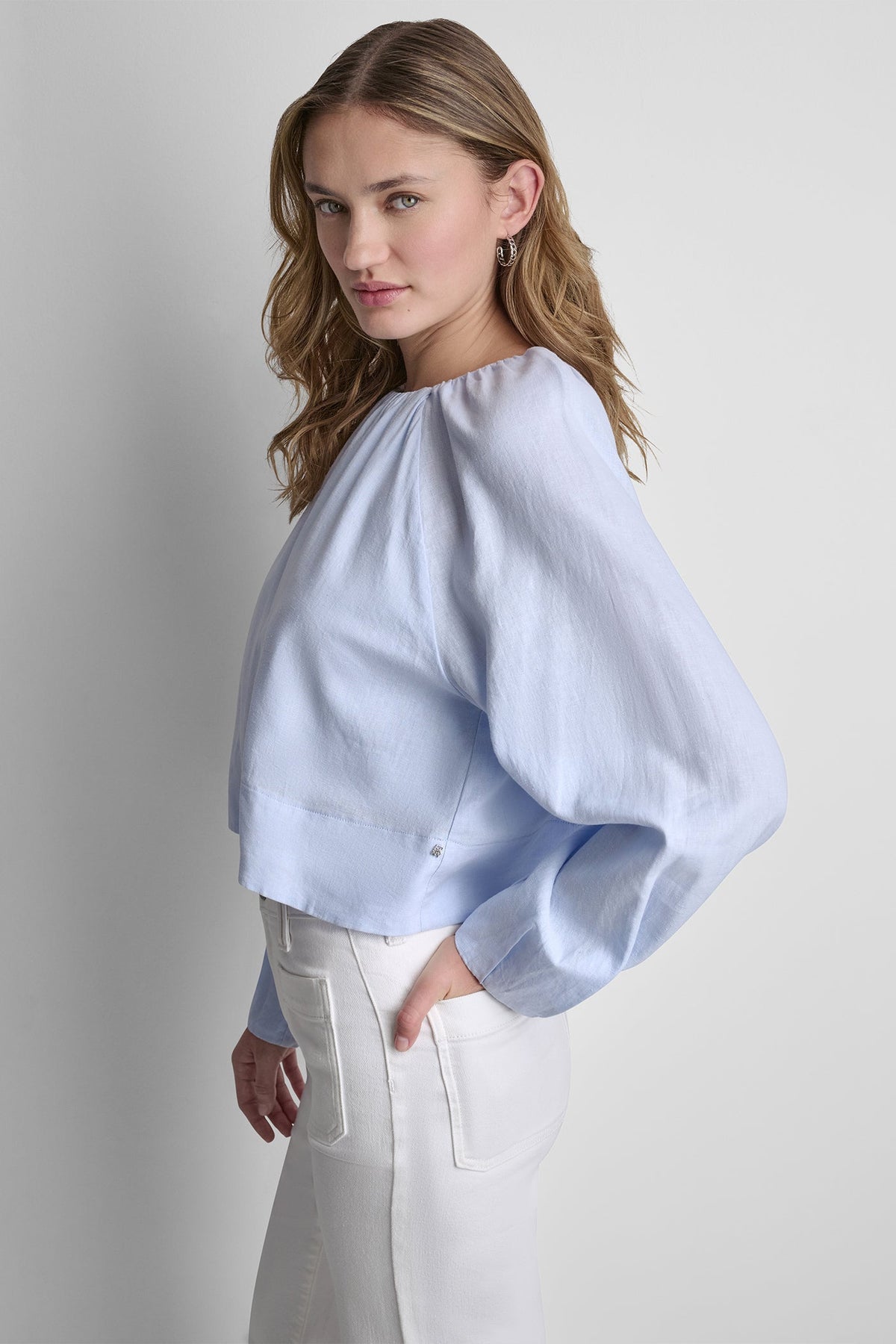 LINEN-BLEND RAGLAN SLEEVE BLOUSE