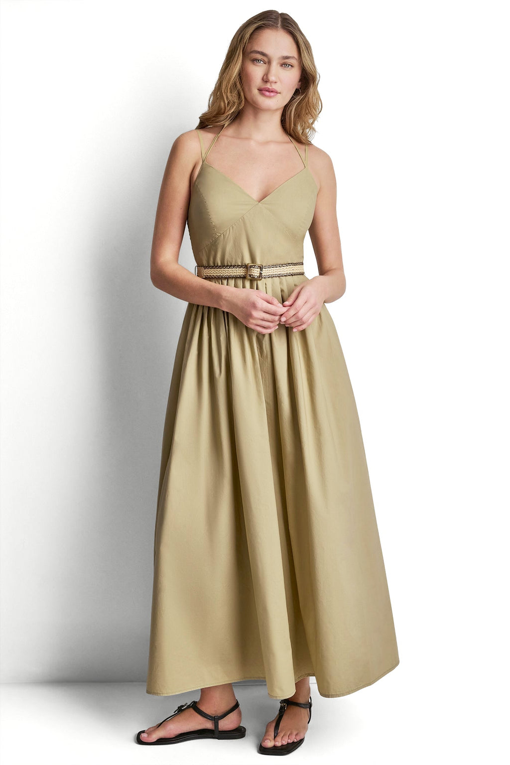 STRAPPY V-NECK MAXI DRESS WITH RAFFIA BELT