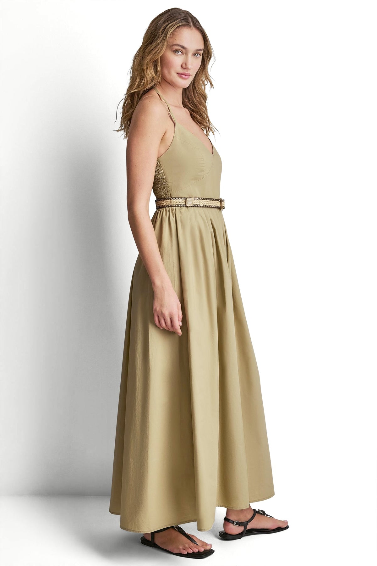 STRAPPY V-NECK MAXI DRESS WITH RAFFIA BELT