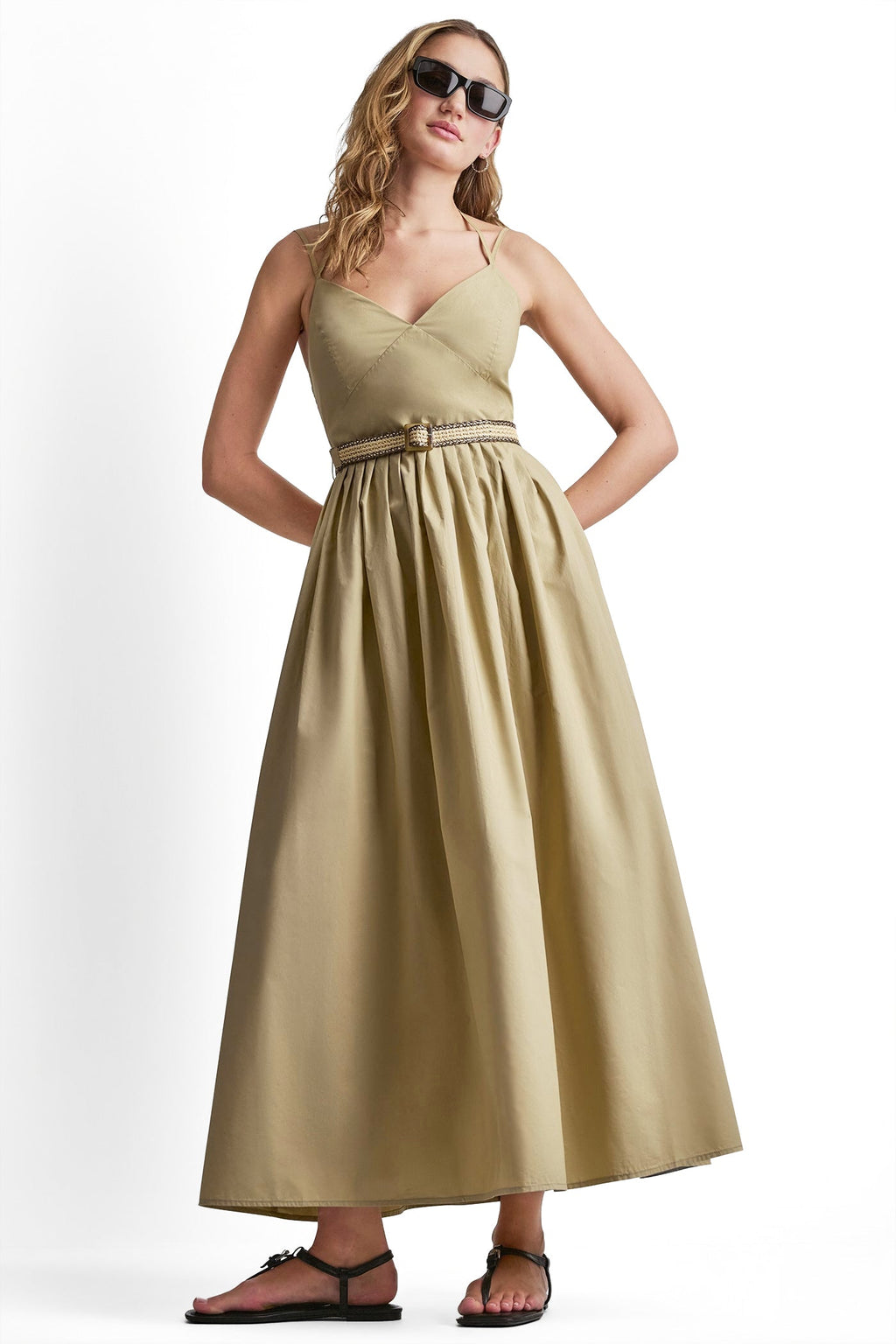 STRAPPY V-NECK MAXI DRESS WITH RAFFIA BELT