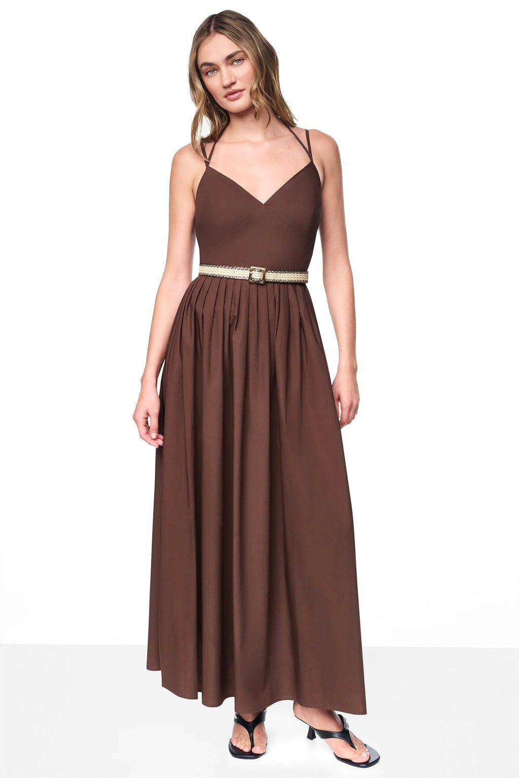 STRAPPY V-NECK MAXI DRESS WITH RAFFIA BELT
