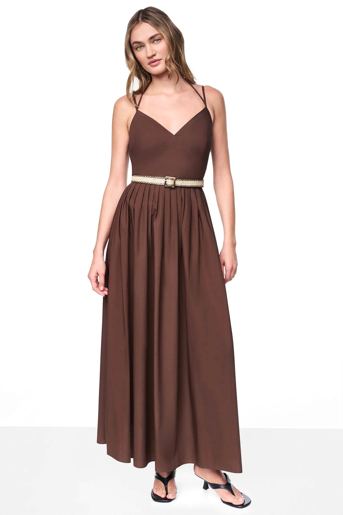 STRAPPY V-NECK MAXI DRESS WITH RAFFIA BELT