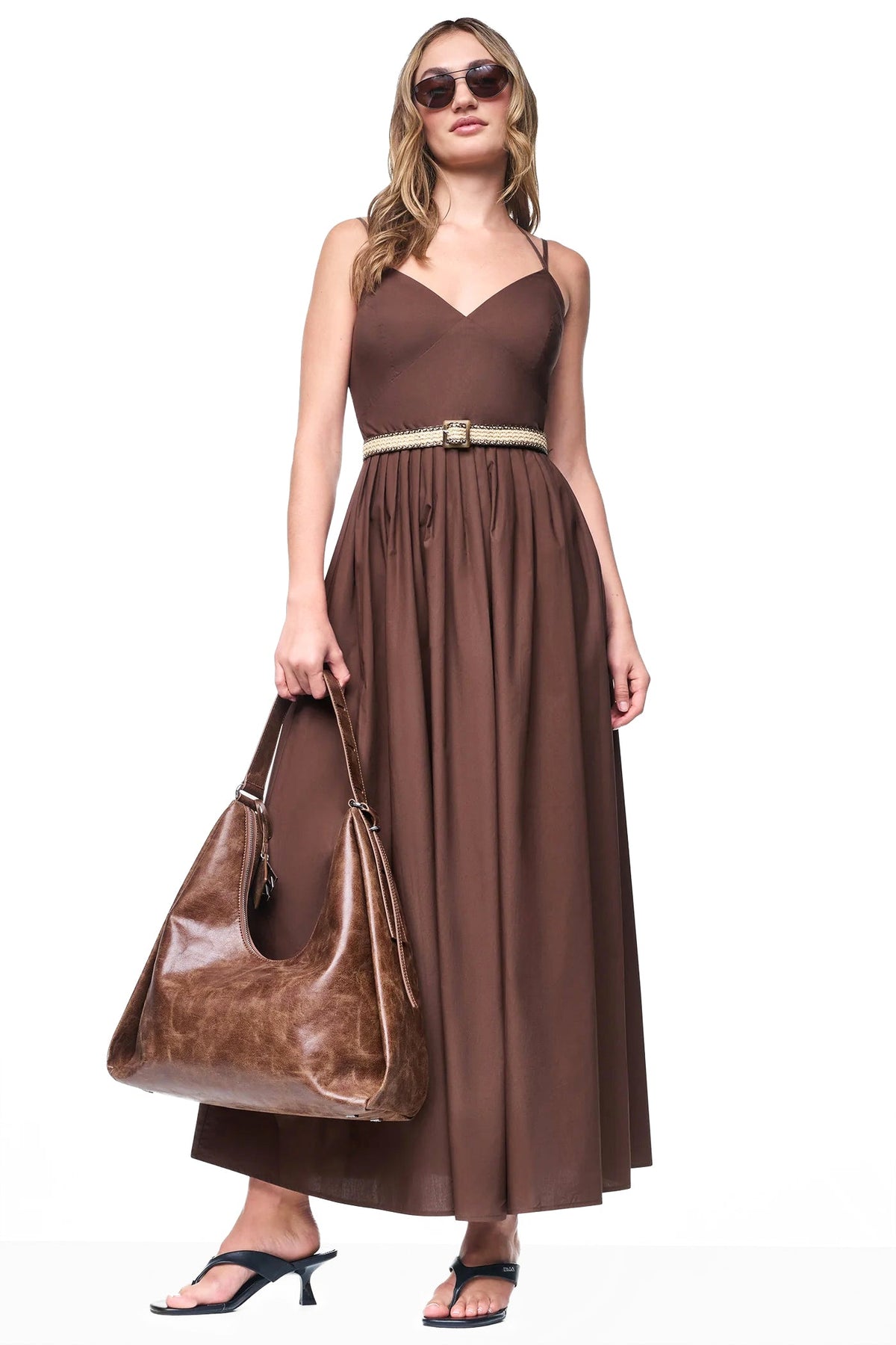 STRAPPY V-NECK MAXI DRESS WITH RAFFIA BELT
