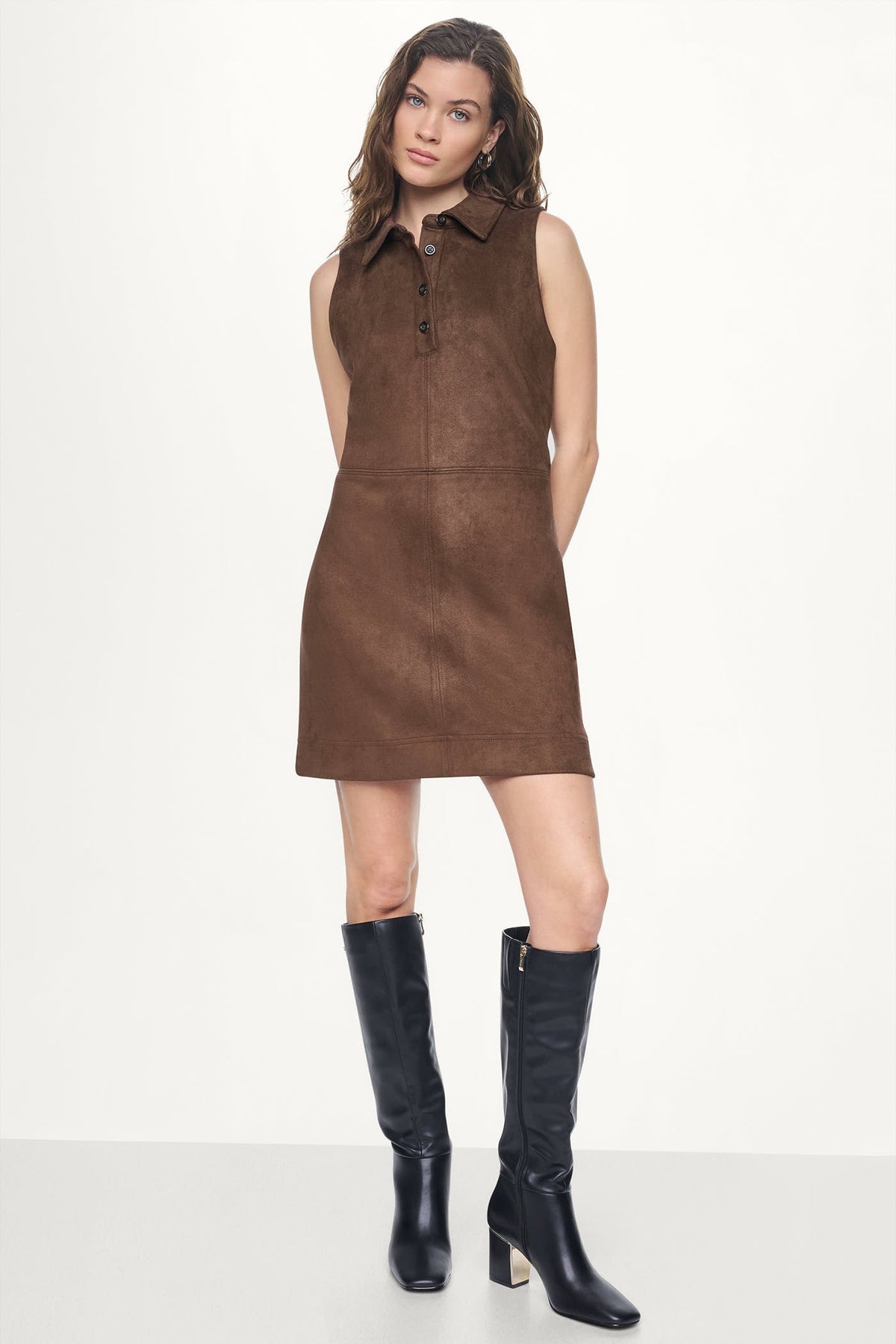 COLLARED FAUX SUEDE DRESS