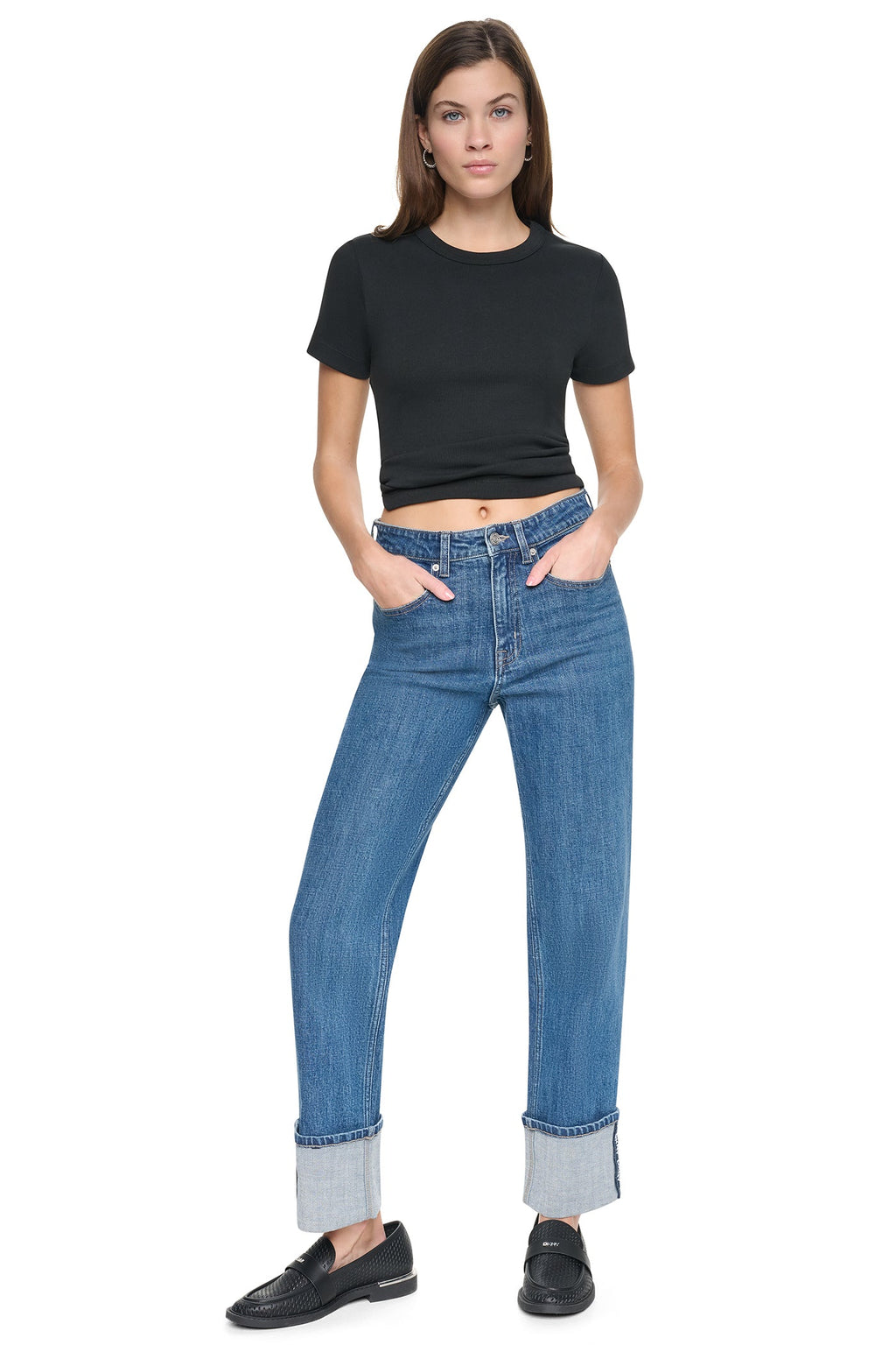HIGH-RISE LOGO CUFF STRAIGHT LEG JEAN