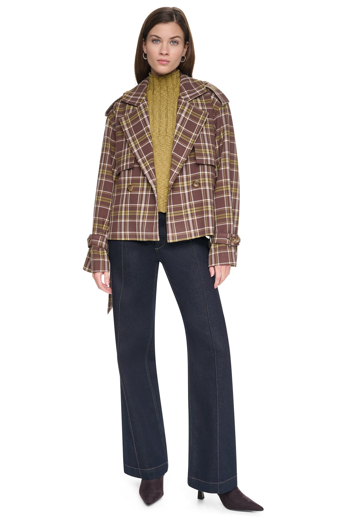 PLAID DOUBLE BREASTED SHORT TRENCH