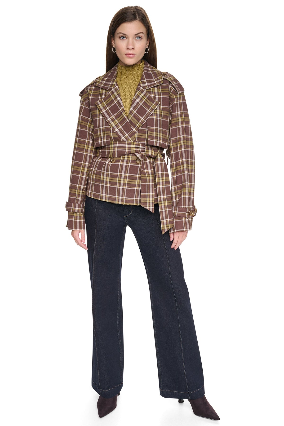 PLAID DOUBLE BREASTED SHORT TRENCH