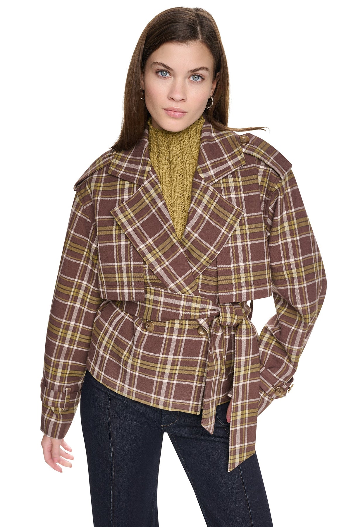 PLAID DOUBLE BREASTED SHORT TRENCH