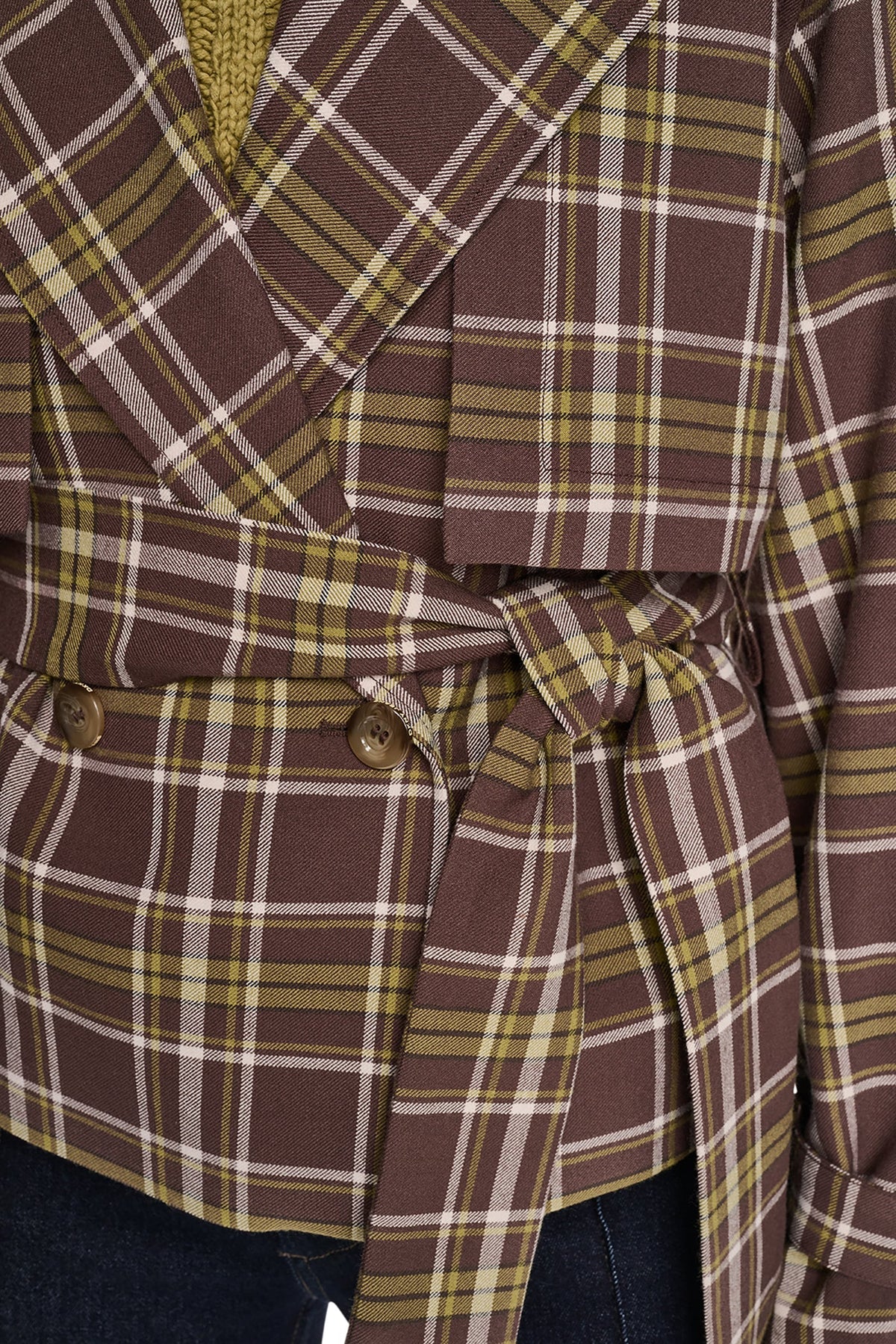 PLAID DOUBLE BREASTED SHORT TRENCH