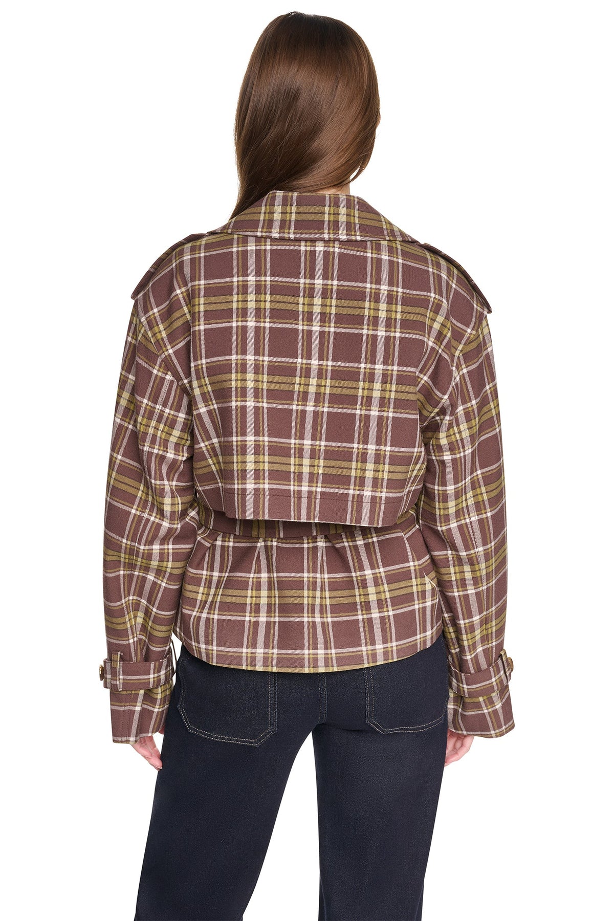 PLAID DOUBLE BREASTED SHORT TRENCH