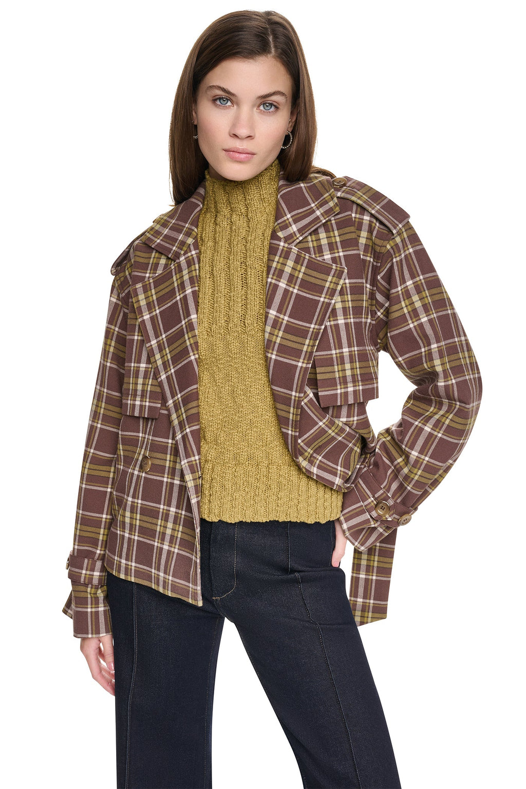 PLAID DOUBLE BREASTED SHORT TRENCH