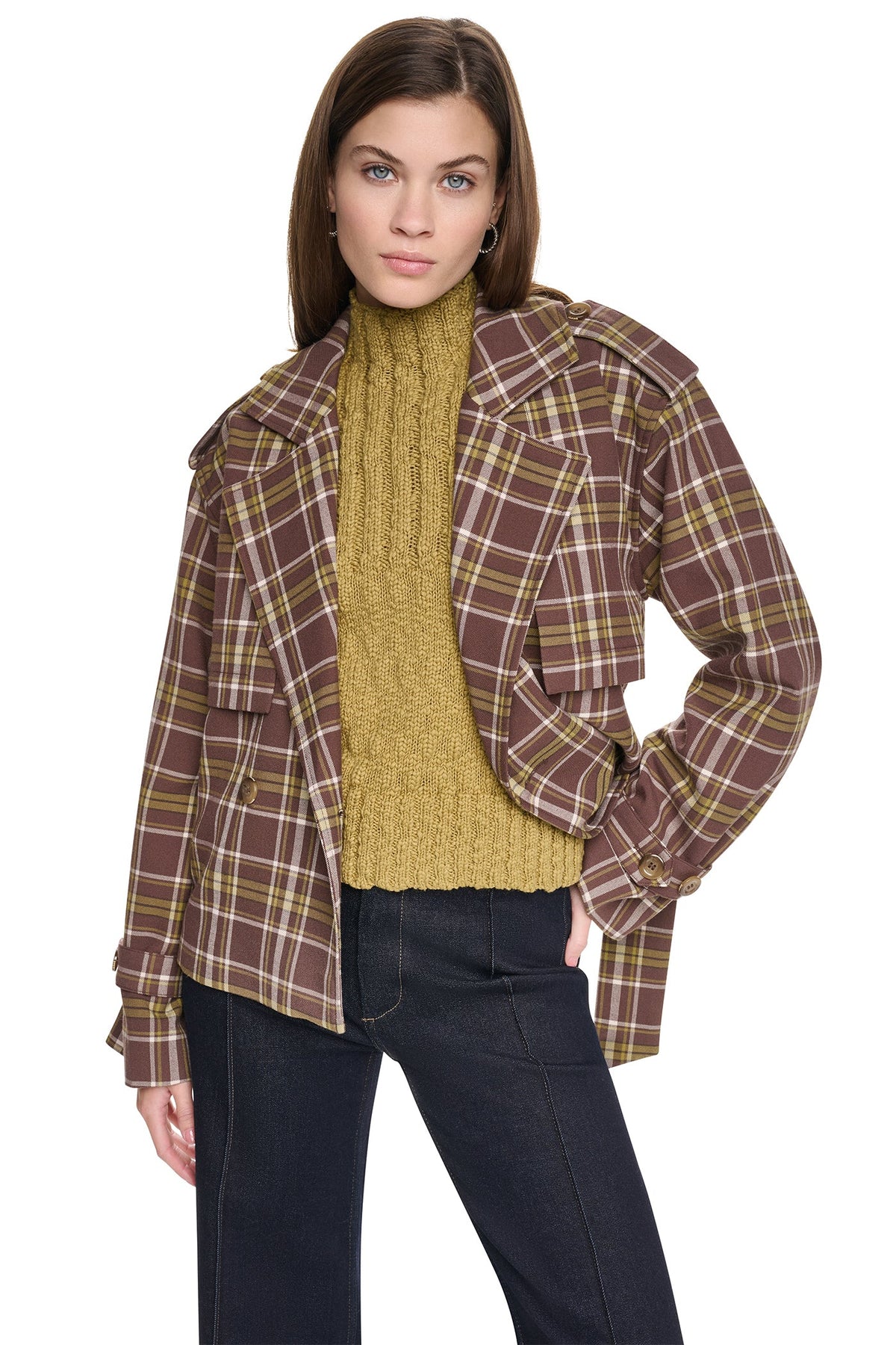 PLAID DOUBLE BREASTED SHORT TRENCH