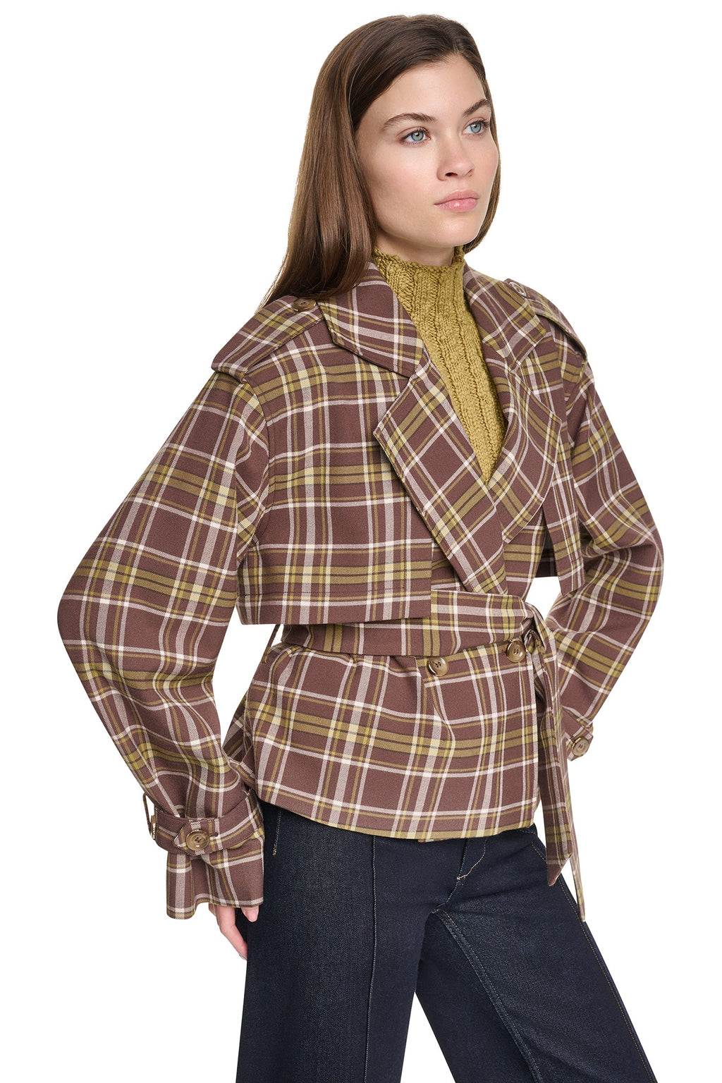PLAID DOUBLE BREASTED SHORT TRENCH
