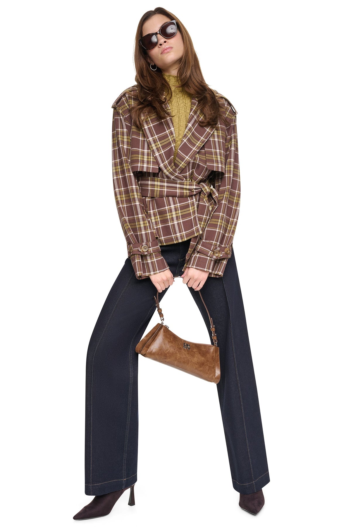PLAID DOUBLE BREASTED SHORT TRENCH