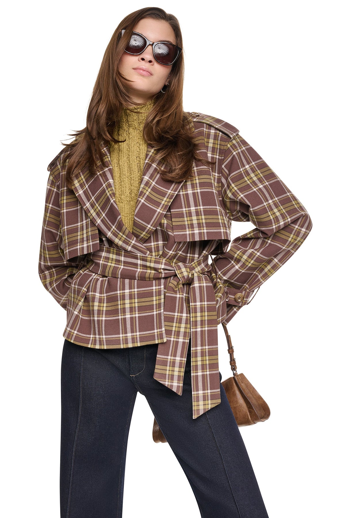 PLAID DOUBLE BREASTED SHORT TRENCH