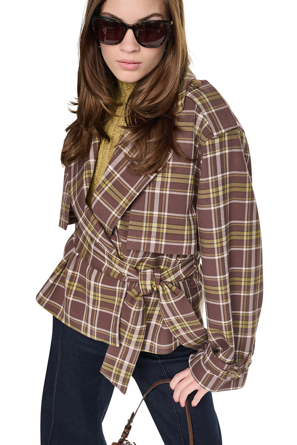 PLAID DOUBLE BREASTED SHORT TRENCH