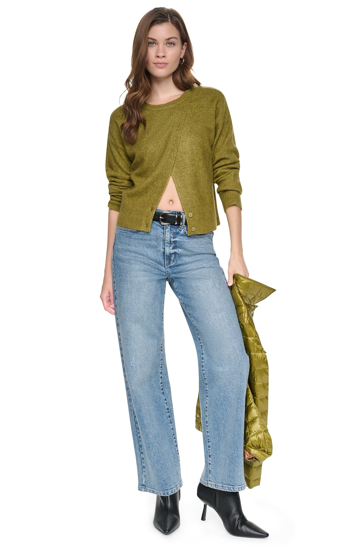 ASYMMETRIC BUTTON HEM CARDIGAN