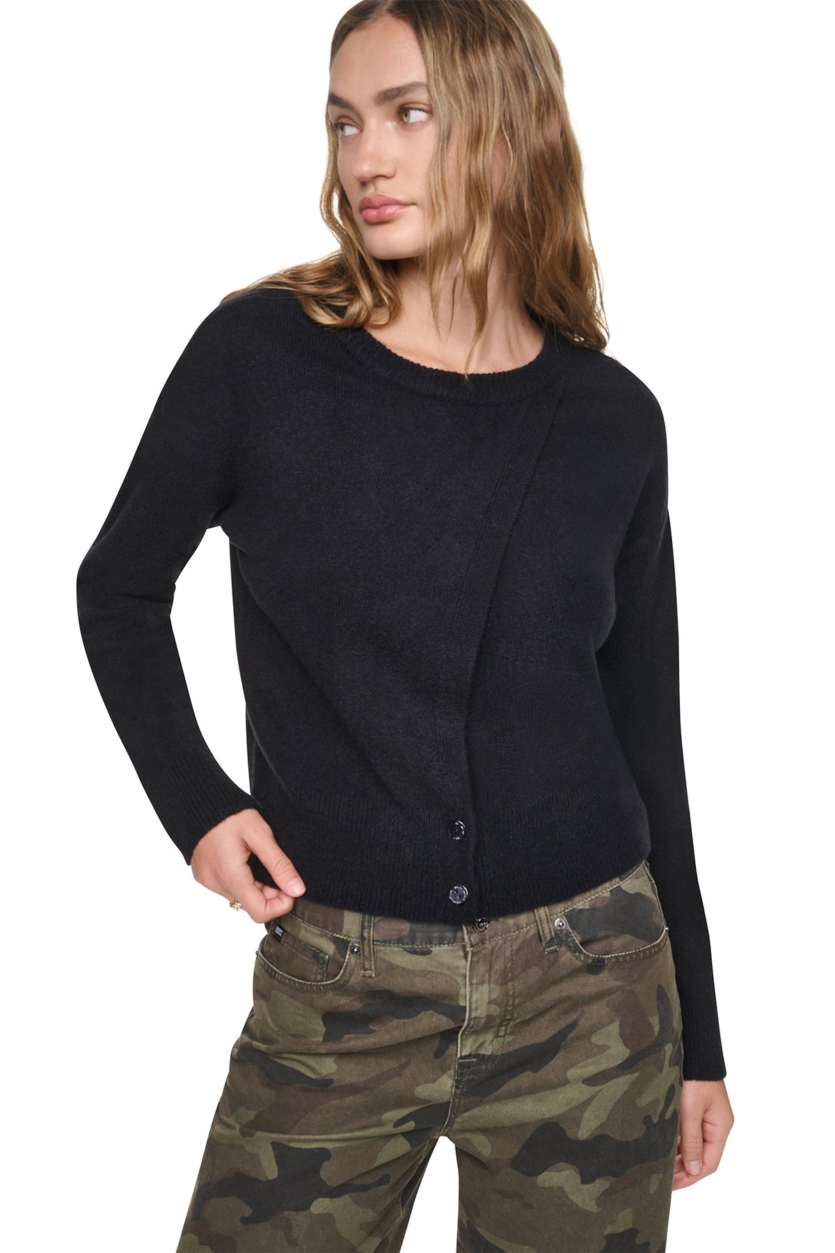 ASYMMETRIC BUTTON HEM CARDIGAN