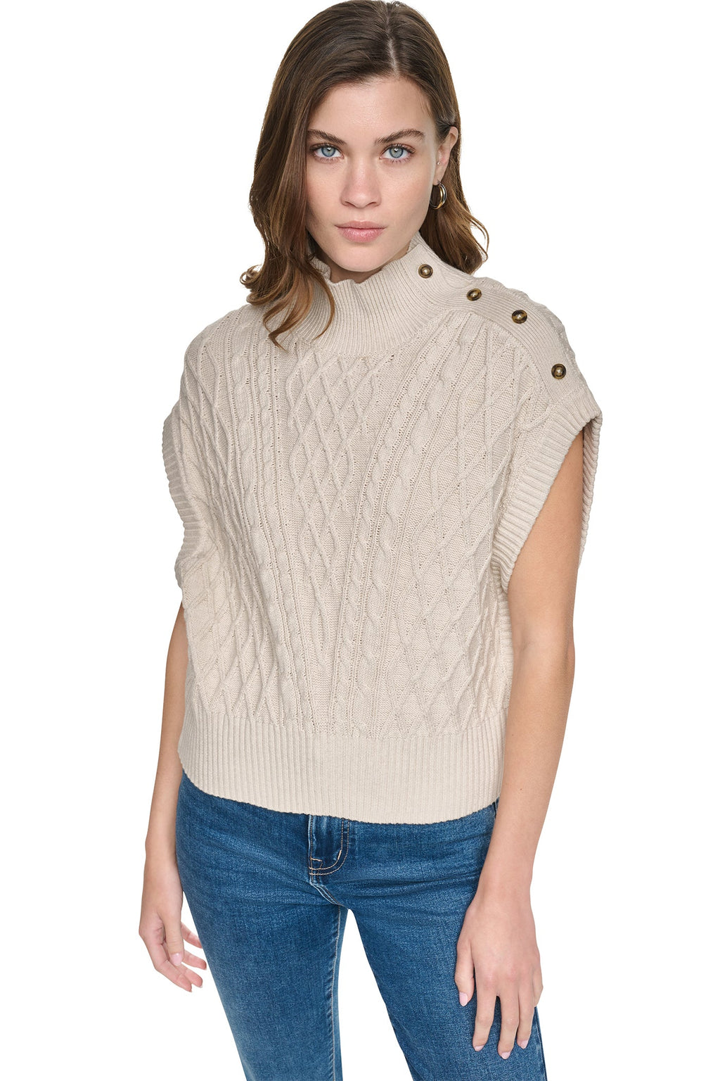 BUTTON SHOULDER CABLE SWEATER VEST